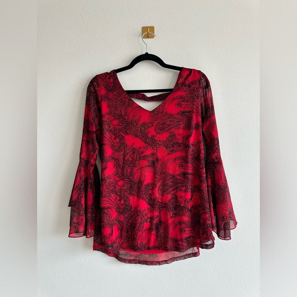 Red Paisley Mesh Top Bell Sleeve Glitter Top V Neck Boho Y2K Glam Size S